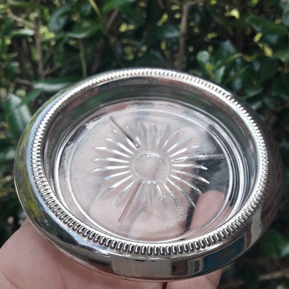 Glass Silver Plated Coasters Vintage Coaster Set Crystal Starburst New in Box - Picture 10 of 16